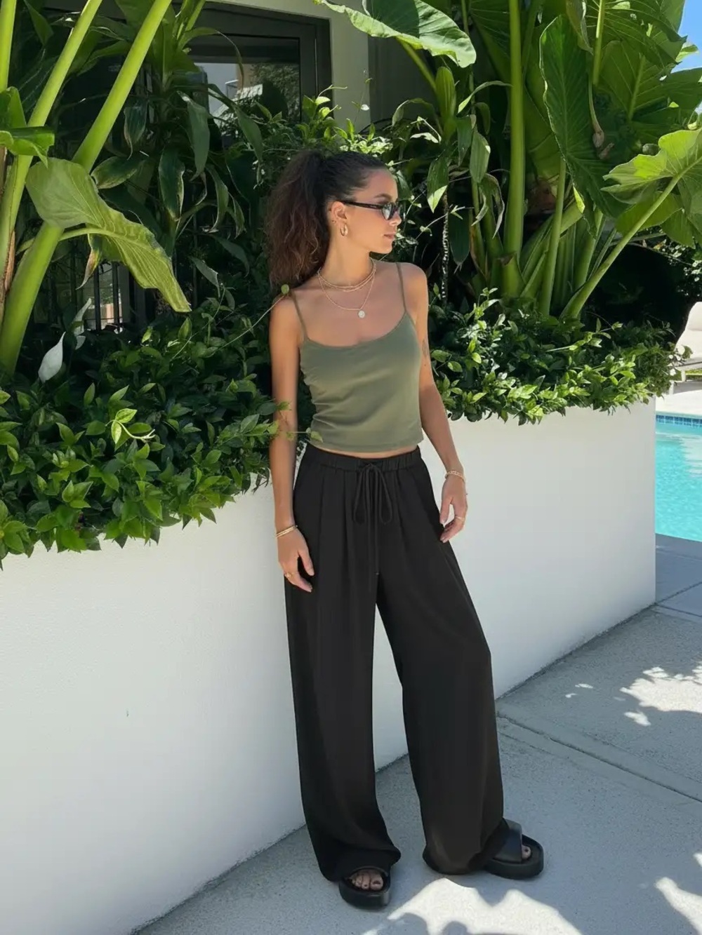 Cider Black High-Waisted Drawstring Wide Leg Flowy Pants